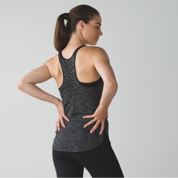 LULULEMON WHAT THE SPORT SINGLET TANK HEATHERED BLACK 2 RUCHED BACK CURVED HEM - Picture 1 of 8